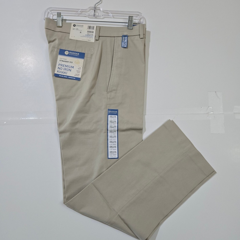 Haggar Premium No Iron Khaki Pants Men 32x32 Straight Fit Business Preppy Casual
